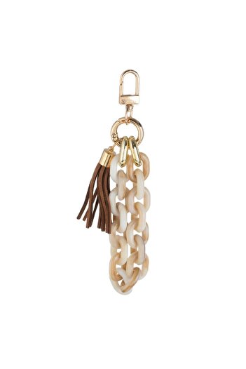 SHOPIENS Women's Keychain, Plastic, Ecru-Beige with Gold Tassel, 13 cm - MYONNA