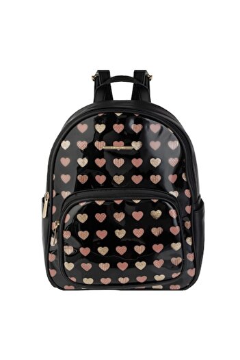 SHOPIENS Women's Backpack - Heart Pattern, Black/Beige, 27x12x32.5 cm (MYONNA)