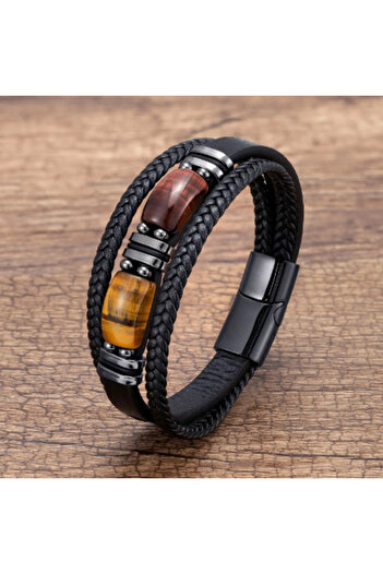 OEM Bracelet "Soul Speaks" in Leather and Tiger's Eye Crystals in 2 Tones