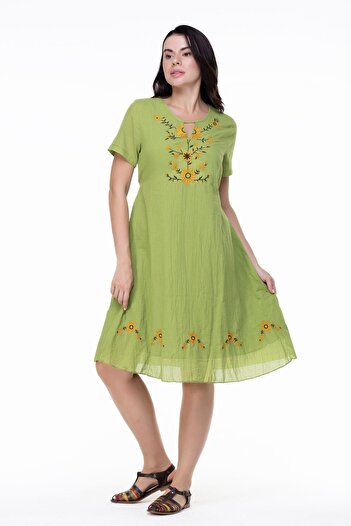 Eliş Şile Bezi Short Sleeve Plus Size Voile Neslihan Midi Length Floral Pattern Summer Dress Pistachio Green Fysl