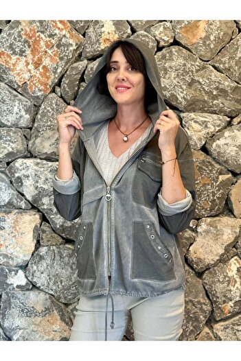 Punta Otantik Nc62020 Hooded Zippered Italian Washed Jacket Smoked