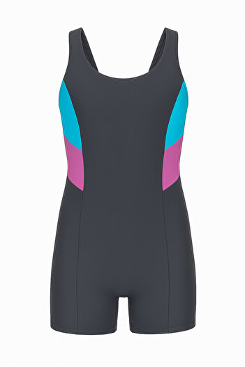 My-o Girl's Color Block Swimsuit with Shorts – Anthracite Blue Pink |   Flexible Lycra Swimming Swimsuit