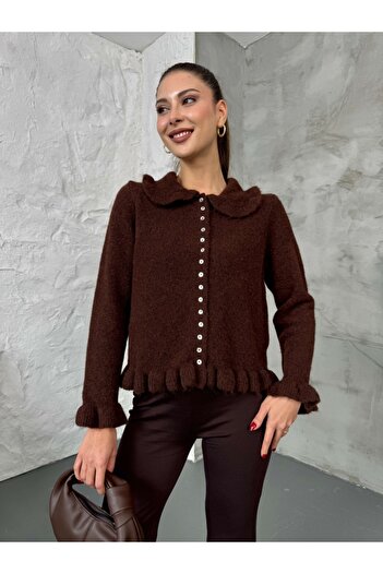 Elif Özbey Butik Brown Buttoned Knitted Cardigan