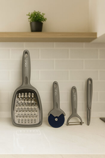 MEYA PİNE Chef's 4-Piece Set: Grater + Pizza Cutter + Flat Peeler + Thin Slicer
