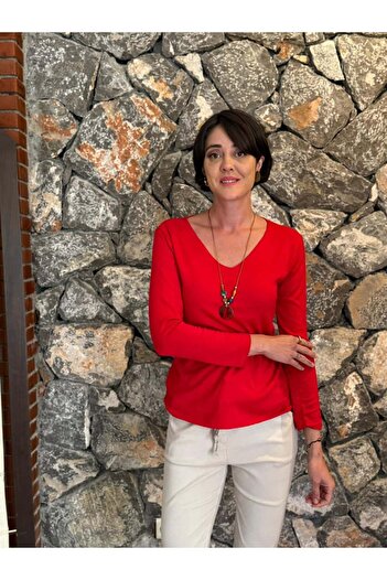 Punta Otantik Nc2025Kb Italian V-Neck Collared Blouse Red