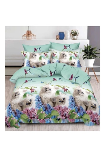 EMATTERIO 6-Piece Bed Linen, 2 Persons, Sheet, Pillowcases and Duvet Cover, Microfiber, Flowers and Cats