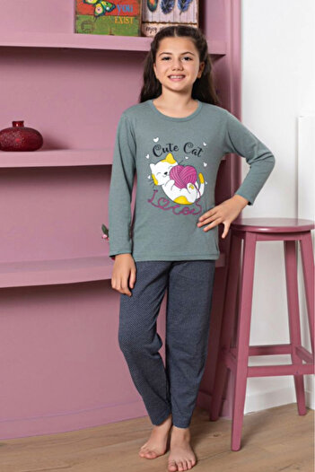embody Girls' pyjamas, cotton, long sleeves and trousers, Cute Cat print, green