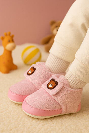 eradkids Premium Plush Teddy Bear Detailed Soft Sole Baby Girl Shoes-Baby Booties