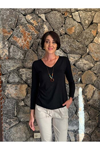 Punta Otantik Nc2025Kb Italian V-Neck Collared Blouse Black