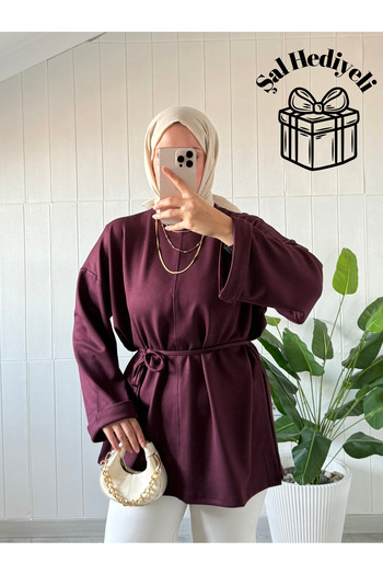 Mira İpek Slit Soft Double Face Fabric Tunic Drawstring Tunic Shawl with Gift