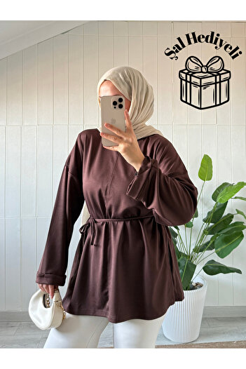 Mira İpek Slit Soft Double Face Fabric Tunic Drawstring Tunic Shawl with Gift