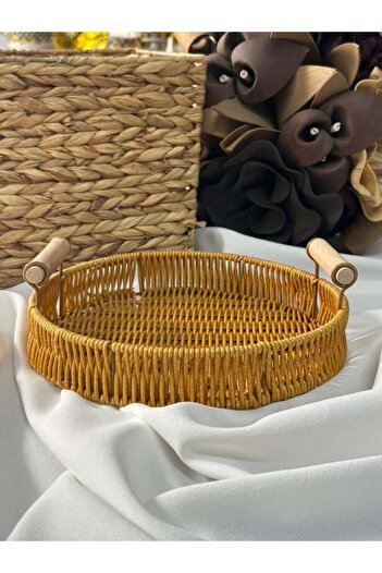 MD MİMOZA DEKOR Bamboo Wicker Round Organizer Tray / Presentation / Organization 24X24X4Cm