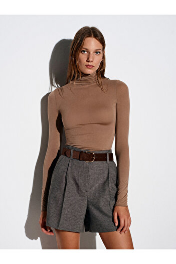 Dilvin 32277 Turtleneck Cashmere Blouse-Mink