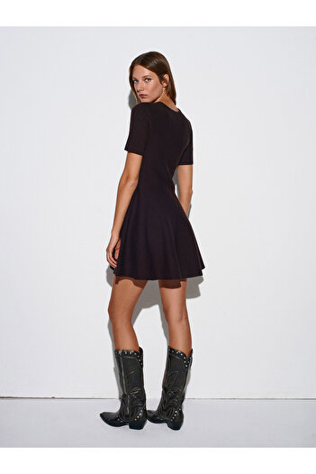 Dilvin 90258 Crew Neck Sweater Knit Dress-Dark Brown