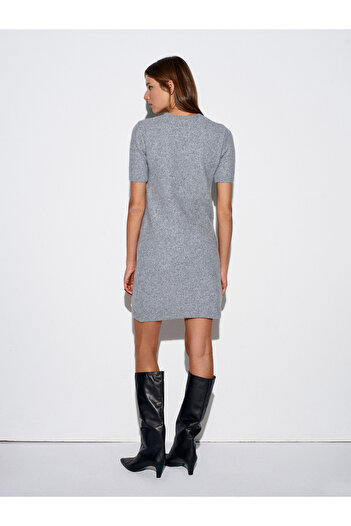 Dilvin 90257 Crew Neck Wool Blend Knitwear Dress-Dark Gray Mel.