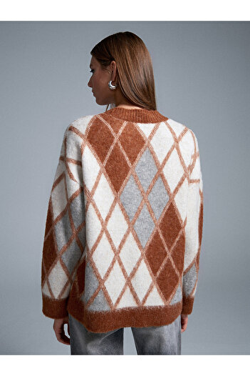 Dilvin 60989 Baklava Patterned Alpaca Blend Knitwear Cardigan-Caramel