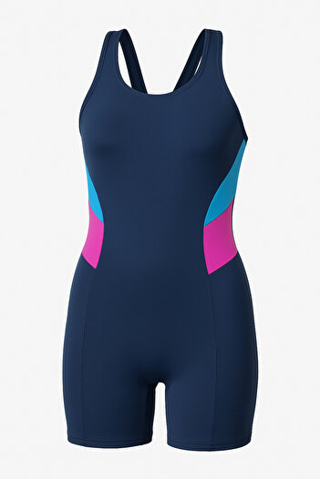 My-o Girl's Color Block Swimsuit with Shorts – Navy Blue Pink |   Flexible Lycra Swimming Swimsuit