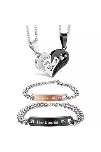 Tessero couples jewelry set (bracelet and necklace), unisex, stainless steel, 4 pieces, 'Queen and K