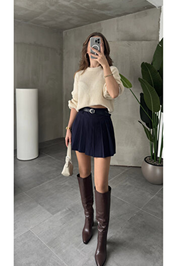 Asfa Moda Women's Navy Blue Lined Shorts with Belted Pleated Winter Mini Skirt