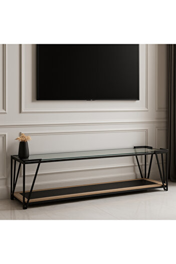 terndat Two-level plasma table, beige wood, clear glass top, 160 cm - with a luxurious and elegant design