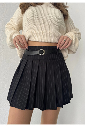 Asfa Moda Women's Black Striped Lined Shorts with Belted Pleated Winter Mini Skirt