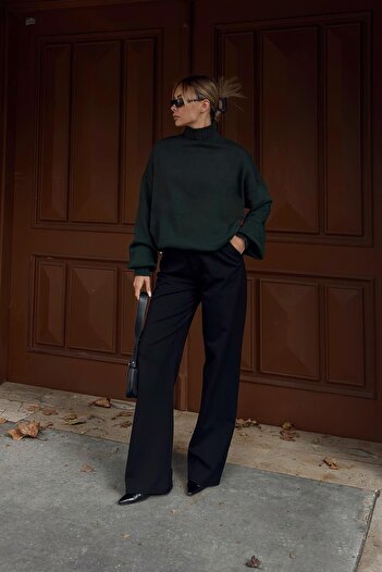 Swist Half Fisherman Women's Knitwear Sweater with Green Cuff Detail