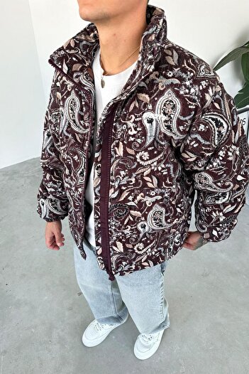 HAFKAGİYİM Burgundy Patterned Velvet Puffer Jacket