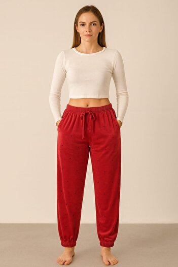 Pemilo Women's Pocketed Leggings with Elasticated Cuffs Velvet Single Bottom Red