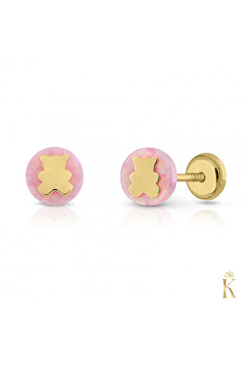KALINI Baby Earrings, 18K Gold, Round Pink Opal with Teddy Bear, 5 mm