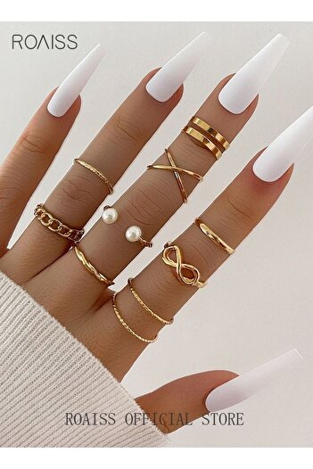 ROAISS 9 PCS Multi-size Elegant Fashion Rings Set - Gold Geometric Rhinestones Pearl