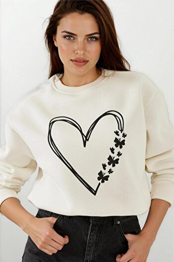 WeShaya Ecru Heart Printed Crew Neck 3 Thread Sweatshirt