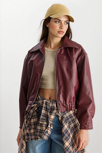 WeShaya Jachetă bomber din piele artificială cu talie elastică oversize bordeaux