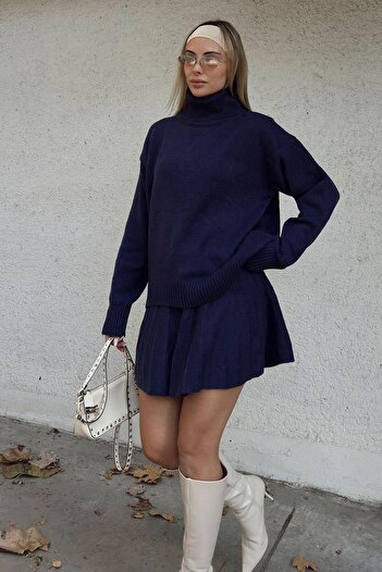 Swist Navy Blue Raina Turtleneck Sweater-Pleated Skirt Women's Knitwear Bottom Top Set