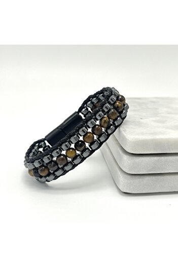 YILDIZ DOĞAL TAŞ Certified Tiger's Eye Stone Men's Bracelet – Steel Lock, Natural Stone Design, Stylish and Original