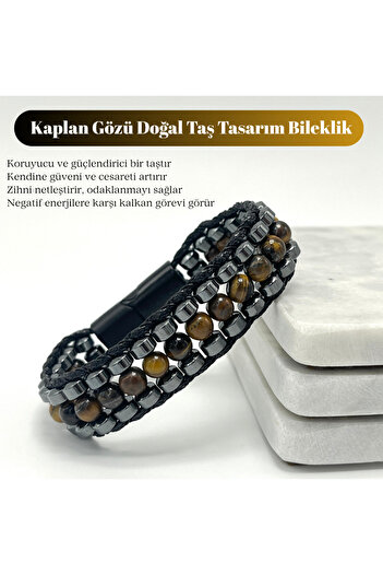 YILDIZ DOĞAL TAŞ Certified Tiger's Eye Stone Men's Bracelet – Steel Lock, Natural Stone Design, Stylish and Original