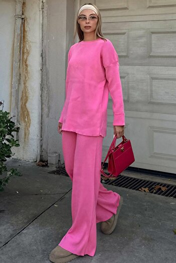 Swist Pink Deg Ribbed Sweater-Pants Women's Knitwear Bottom-Top Set