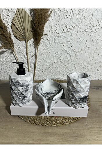 Zigzag Home Διακοσμητικό σετ μπάνιου 3 τεμαχίων με μαρμάρινο σχέδιο, δοχείο υγρού/στερεού σαπουνιού, θήκη οδοντόβουρτσας, θήκη για πετσέτες, σετ δίσκου