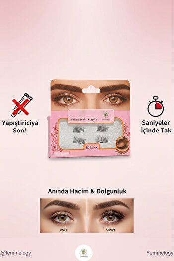 Femmelogy Manyetik Kirpik Seti Yapıştırıcısız Kolay Takılan 3D Doğal Hacimli Mıknatıslı Kirpik