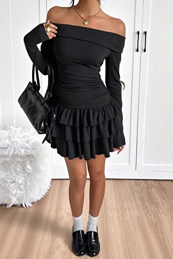 JE-TU Madonna Collar Skirt Layered Flounce Mini Dress Jt9192