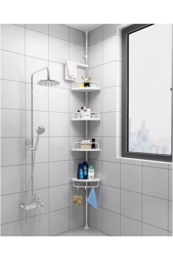 Generic Corner Shelf 4-Tier Tension Pole Adjustable Stainless Steel Shower Caddy (Height 95-250cm) - White