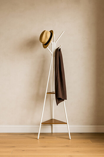 MARIA HOMES Modern White Coat Rack – Metal Clothes Stand with Dual Wooden Shelves for Entryway & Bedroom