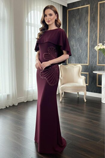 Opera Fashion Burgundy crepe fishtail evening dress