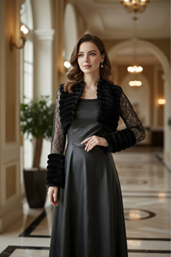 Opera Fashion Black sparkly dress with crystals, lace jacket and soft fur