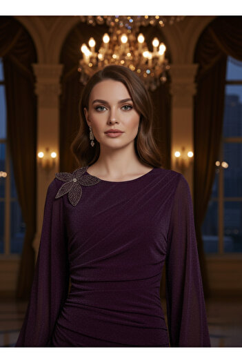 Opera Fashion Burgundy jersey sequin evening dress with derby design