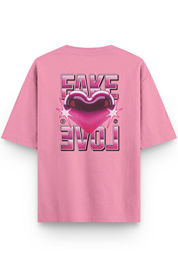 Overoz Μπλουζάκι Fake Love Back με τύπωμα Semi oversized Pink 1404
