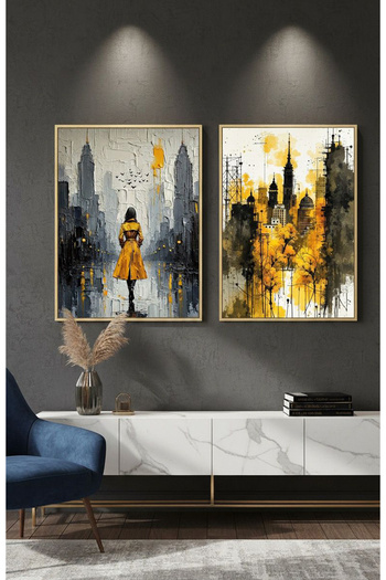 Linacci Set of 2 Gold Metal Frame Yellow City Glass Paintings
