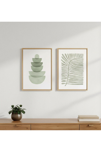 Linacci Set of 2 Gold Metal Frame Green Soft Bohemian Glass Paintings