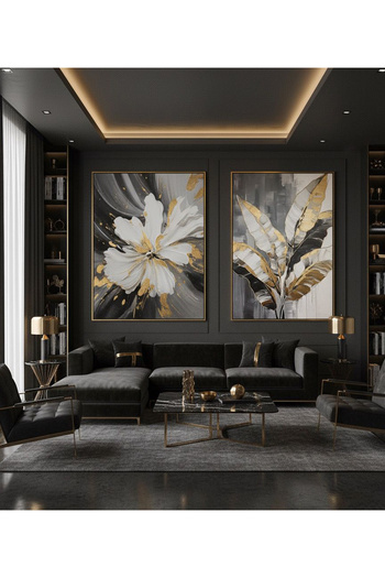 Linacci Set of 2 Gold Metal Frame Black and White Flower Glass Paintings