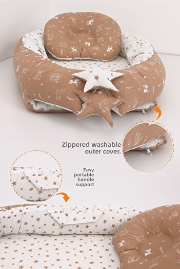 Umaybebek Babynest, Baby Sleep Bed 0-2 Years - Coffee Cat Pattern Star