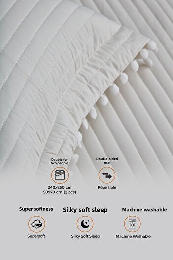 Evlen Home Collection 100% Cotton Double Bedspread Set Quilted Pompom Pique Set Filled Off-White